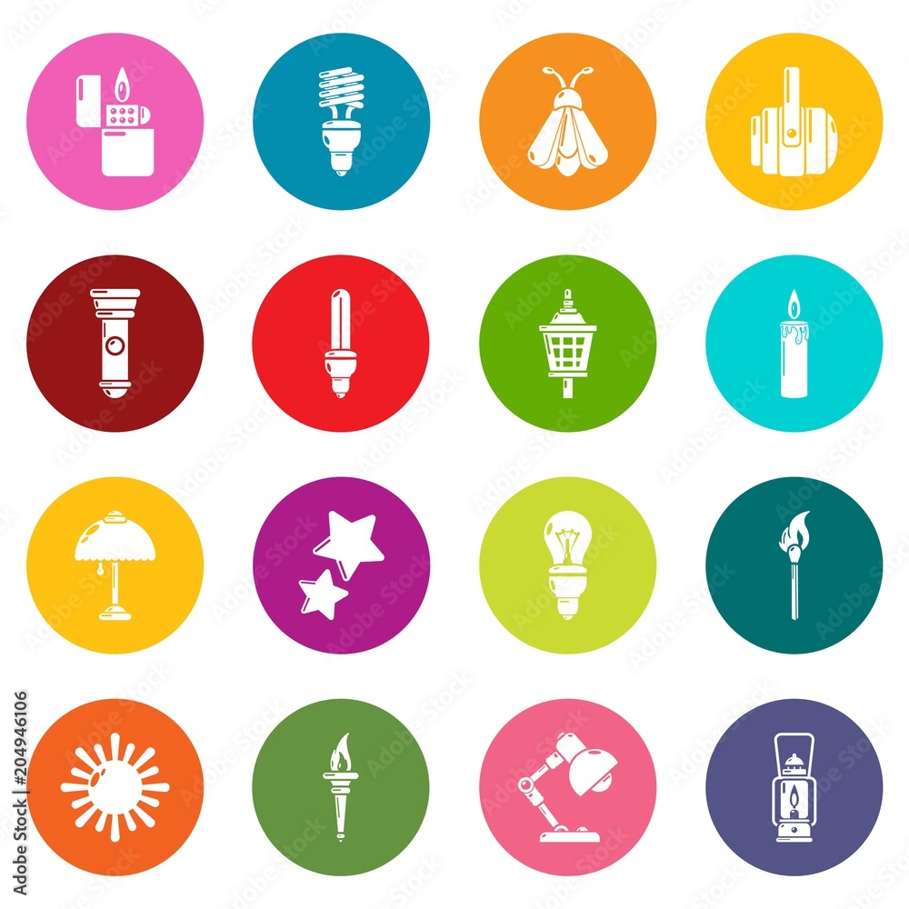 Light source icons set colorful circles vector