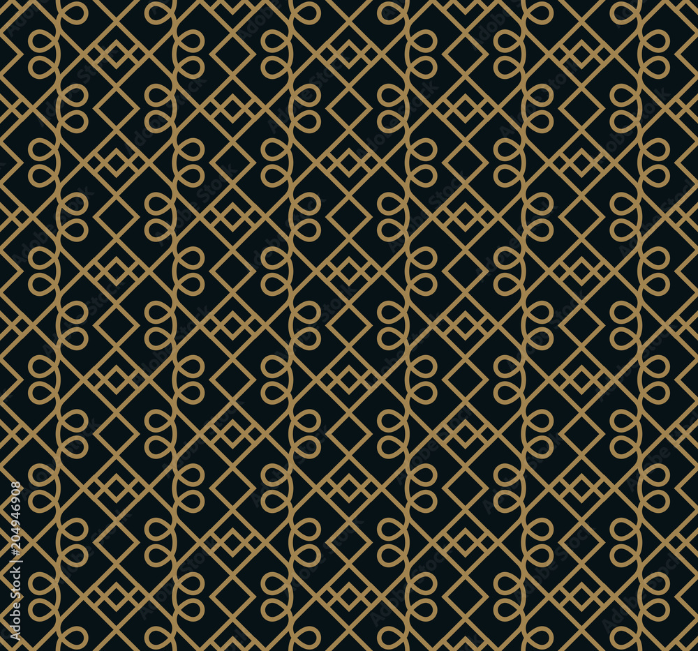 Seamless pattern of intersecting thin gold lines on black background. Abstract seamless ornament. Seamless pattern of intersecting thin gold lines on black background. Abstract seamless ornament.