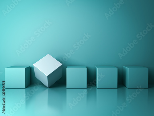 Stand out from the crowd and different creative idea concepts , One white box standing among green square boxes in the row on green pastel color background with reflections and shadows . 3D rendering.