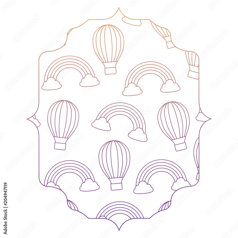 arabic frame with rainbow and hot air balloons pattern over white background, vector illustration