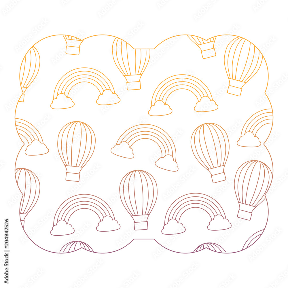 decorative frame with rainbow and hot air balloons pattern over white background, vector illustration