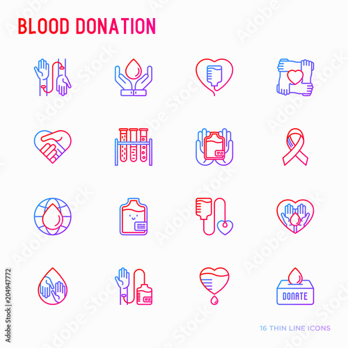 Blood donation, charity, mutual aid thin line icons set. Symbols of blood transfusion, social associations, medical help and volunteers. Modern vector illustration for World donor day.