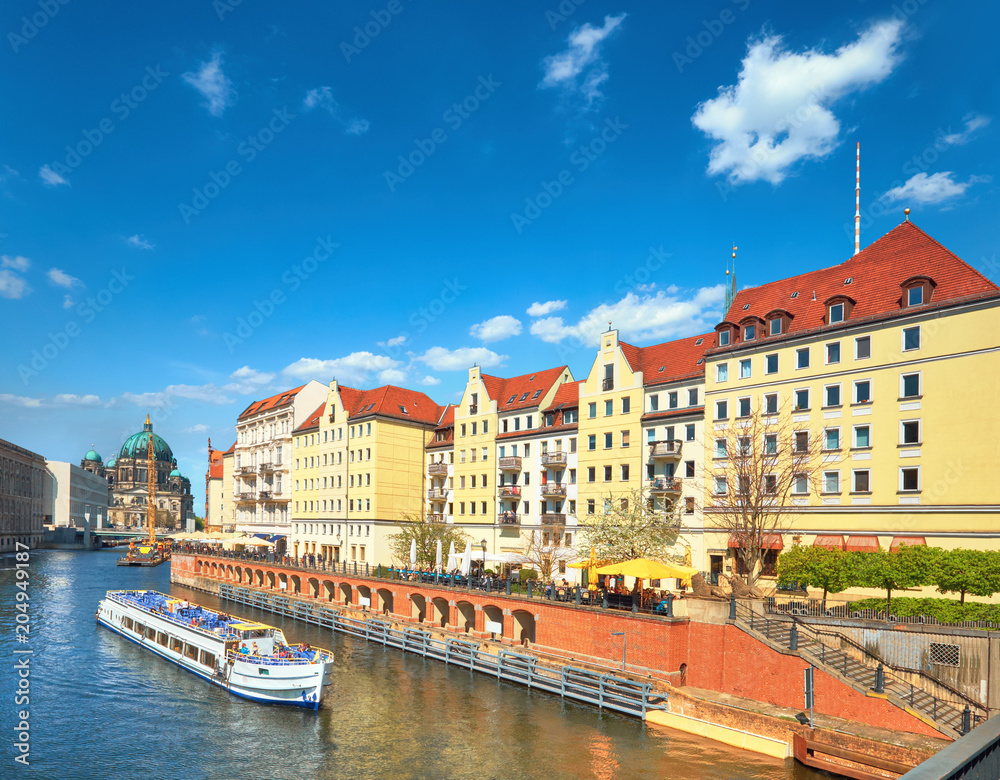 Riverside with old houses in East Center of Berlin, Germany