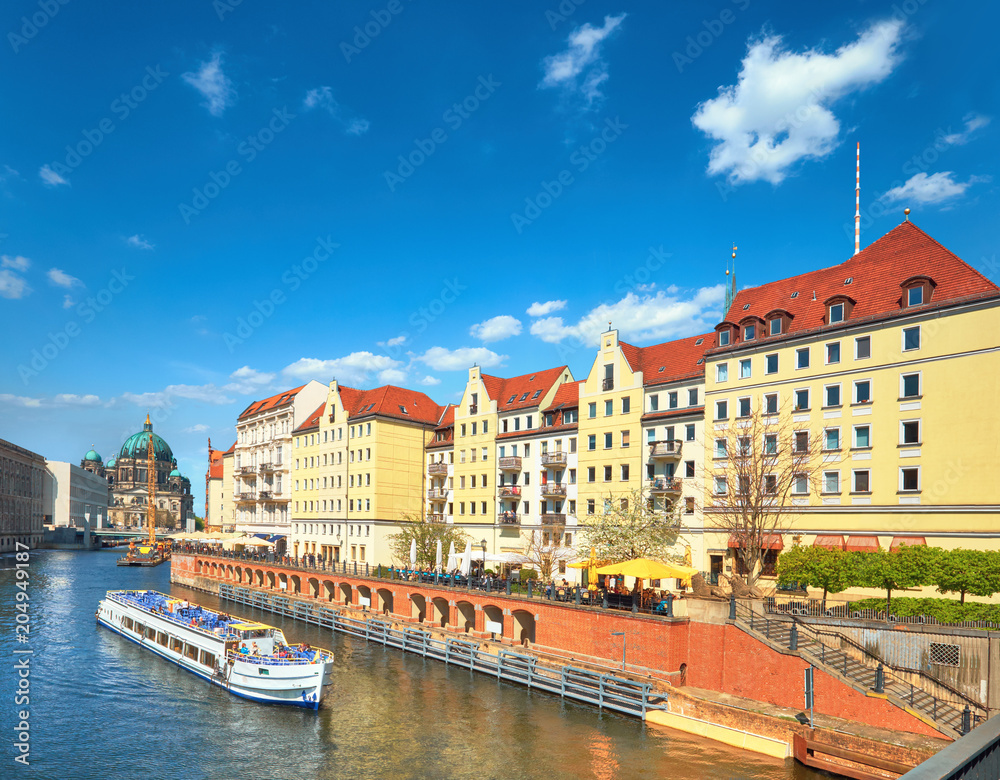 Fototapeta premium Riverside with old houses in East Center of Berlin, Germany