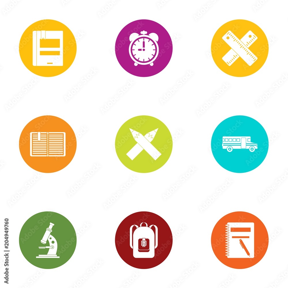 School preparation icons set, flat style School preparation icons set, flat style