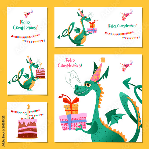 Set of 4 universal cards with dragon. Template. Feliz Cumplea  os   Happy birthday   Children   s party  congratulations.