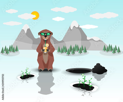Happy Groundhog Day. Marmot on the background of mountains. Vector illustration