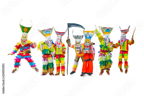 Ghost mask and costume colorful Phi Ta Khon festival on every June of the year. Young people dress in spirit and wear a mask, sing and dance at Dansai, Loei, Thailand. isolated with clipping patch