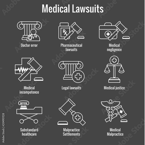 Medical Lawsuits with Pharmaceutical, negligence, & medical malpractice icon set