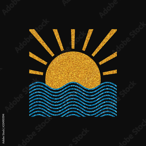 Sun and sea background. Travel agency logo. Glitter texture. Vector illustration