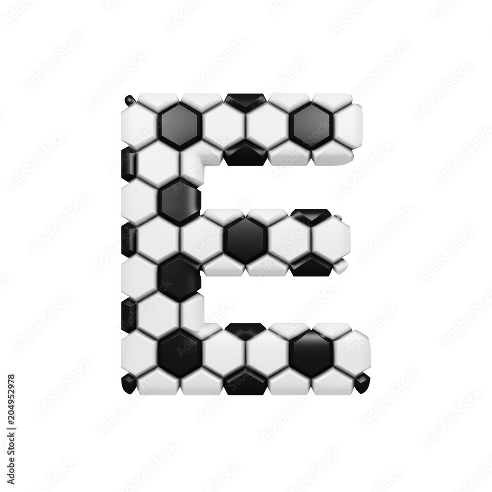 Alphabet letter E uppercase. Soccer font made of football texture. 3D render isolated on white background. Alphabet letter E uppercase. Soccer font made of football texture. 3D render isolated on white background.