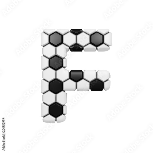 Alphabet letter F uppercase. Soccer font made of football texture. 3D render isolated on white background.