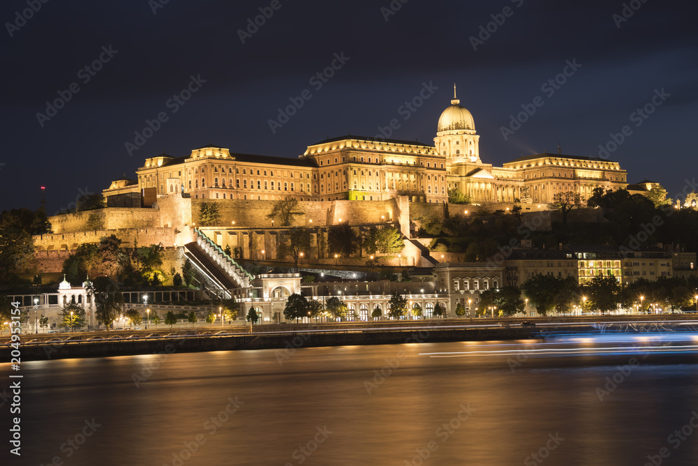 Night view of Royal Palace (Buda Castle) with illumination and Danube river 