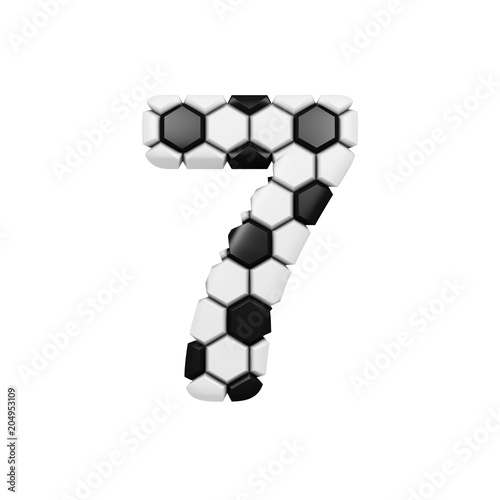 Alphabet number 7. Soccer font made of football texture. 3D render isolated on white background.