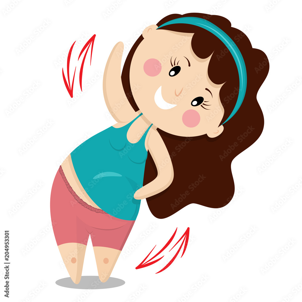 Cute girl doing fitness exercise. Healthy lifestyle. Vector cartoon character isolated on a white background. Cute girl doing fitness exercise. Healthy lifestyle. Vector cartoon character isolated on a white background.