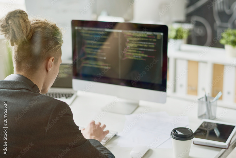 Back view portrait of contemporary young man coding at modern computer sitting at desk and working in startup project, shot from behind glass wall, copy space Back view portrait of contemporary young man coding at modern computer sitting at desk and working in startup project, shot from behind glass wall, copy space