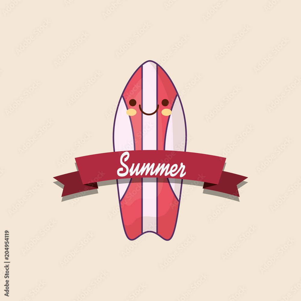 summer emblem with kawaii surfboard over white background, colorful design. vector illustration
