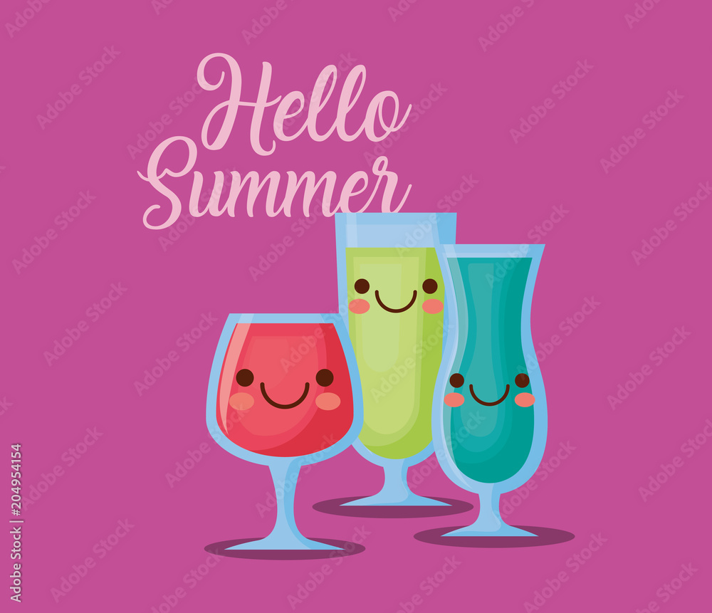 hello summer design with kawaii cocktails over purple background, colorful design. vector illustration hello summer design with kawaii cocktails over purple background, colorful design. vector illustration
