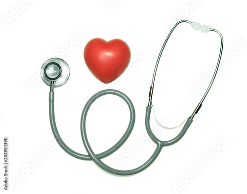 Stethoscope and Red heart on isolated white background.