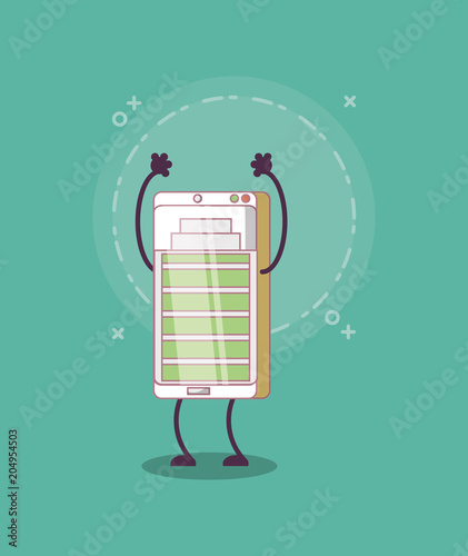 cartoon smartphone with battery on screen over turquoise background, colorful design. vector illustration