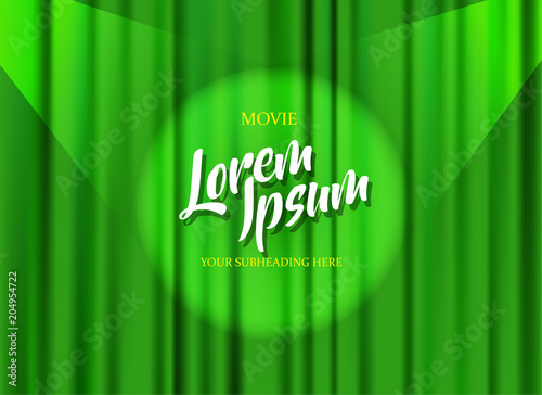 Theater stage template with green heavy curtain and golden text.