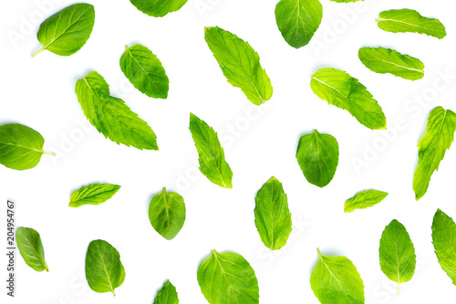 Fresh mint leaves on white background, leaves pattern, top view