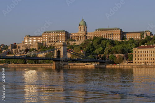  View at the Royal Castle of Budapest and the Szechenyi Chain Bridge. Center of Budapest and the River Dunayyat in the morning. One of the most beautiful cities in Europe. Hungary. European travel.
