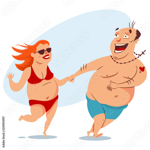 Happy fat couple on the beach in swimsuits. Obese man and woman. Vector cartoon people with overweight isolated on white background. Summer illustration.
