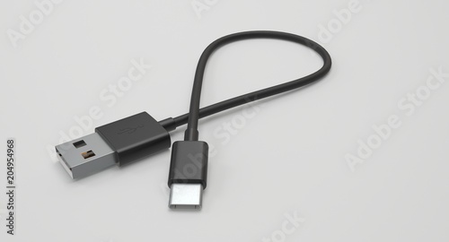 3D rendering - power usb cable with type-c connector isolated on white background.