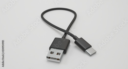 3D rendering - power usb cable with type-c connector isolated on white background.