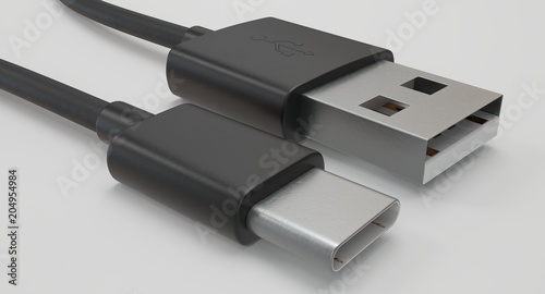 3D rendering - power usb cable with type-c connector isolated on white background.