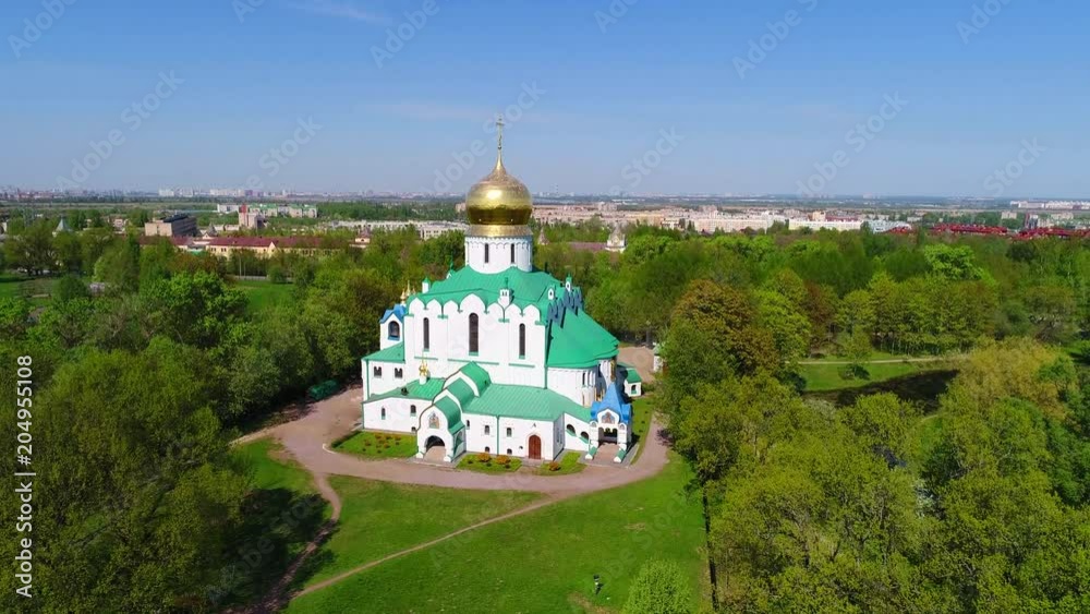 Fedorovsky Cathedral on a Sunny may day. Tsarskoye Selo, Saint Petersburg. Aerial survey Fedorovsky Cathedral on a Sunny may day. Tsarskoye Selo, Saint Petersburg. Aerial survey