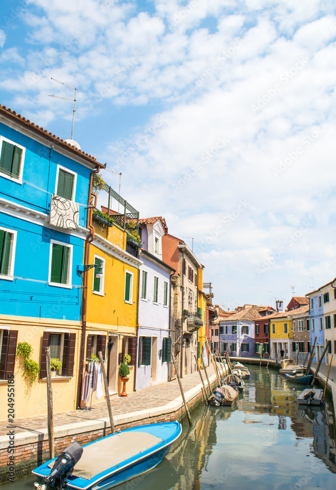 Panorama of Burano Island,Italy,15 May 2018,panorama of Burano Island, streets with colorful houses spring month may
