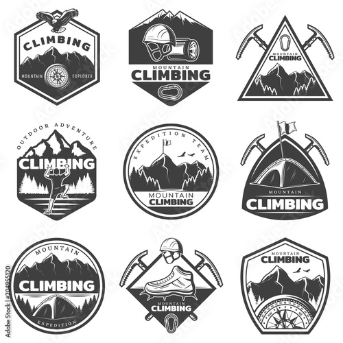 Vintage Monochrome Mountain Climbing Labels Set