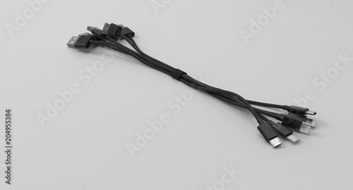 3D rendering - set of power usb cables with micro-b, type-c and lightning connectors isolated on white background.