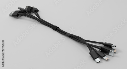 3D rendering - set of power usb cables with micro-b, type-c and lightning connectors isolated on white background.