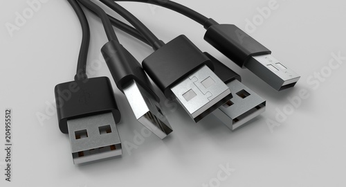 3D rendering - set of power usb cables with micro-b, type-c and lightning connectors isolated on white background.