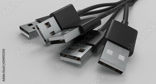 3D rendering - set of power usb cables with micro-b, type-c and lightning connectors isolated on white background.