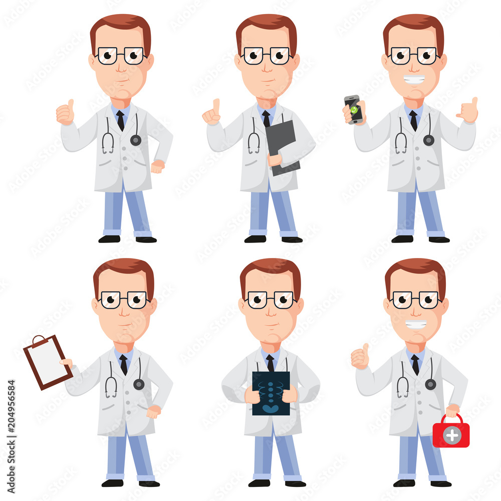 Doctor cartoon character design. Vector set flat people in presentation poses isolated on a white background. Doctor cartoon character design. Vector set flat people in presentation poses isolated on a white background.