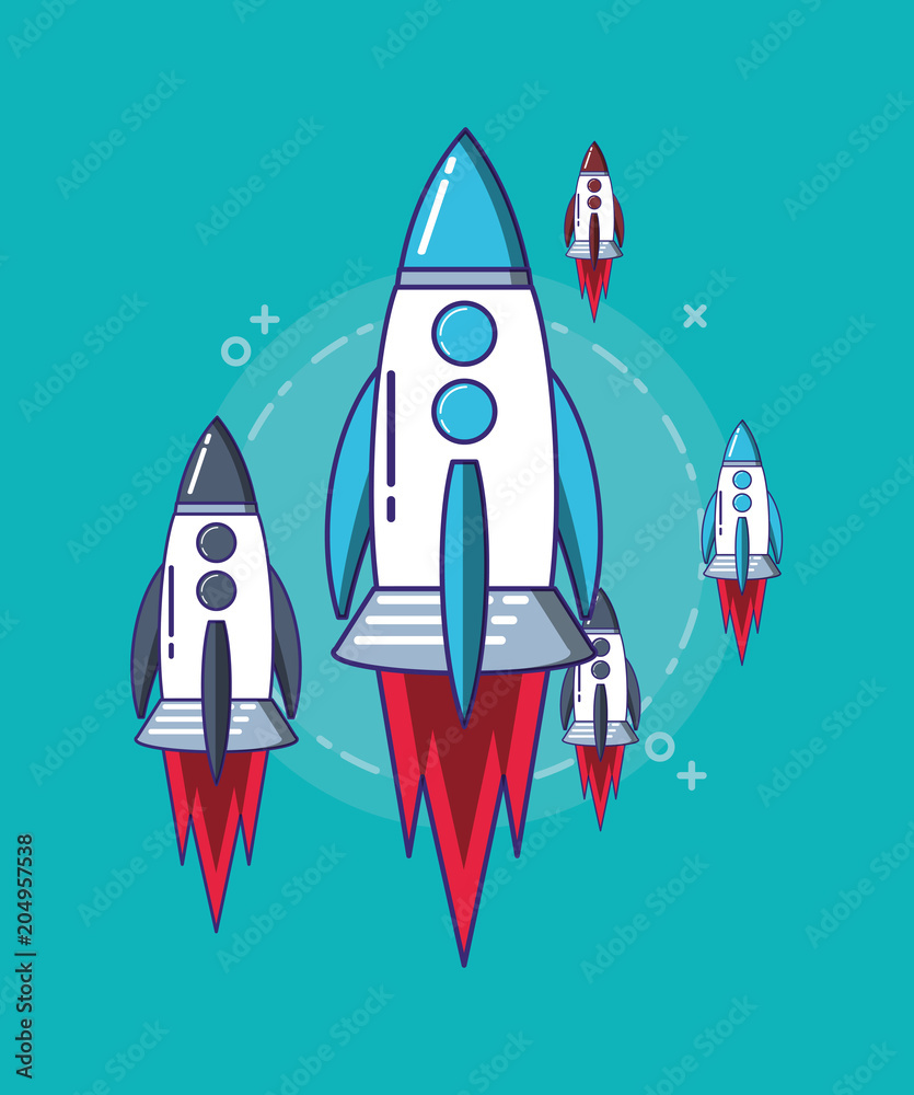 Fototapeta premium space rockets over turquoise background, colorful design. vector illustration