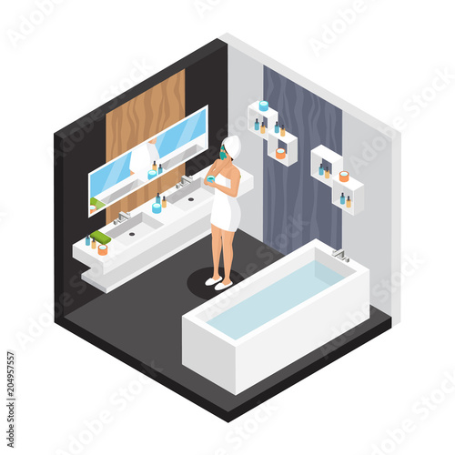 Isometric Woman In Bathroom Concept