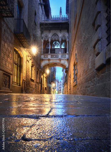 Photography Illuminated medieval street Carrer del Bisbe with Bridge of Sighs in Barcelona a