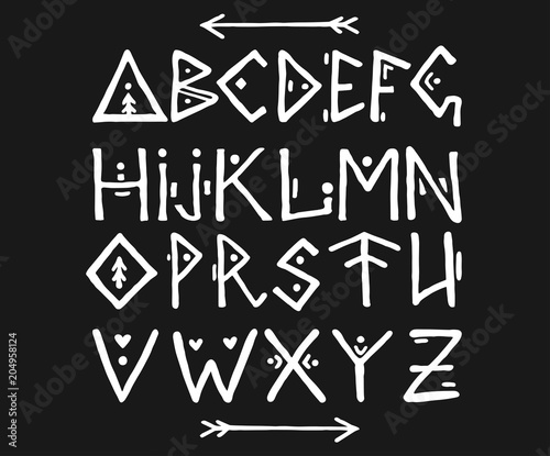 Ethnic font in scandinavian style. ABC hand drawn letters. Ancient calligraphy