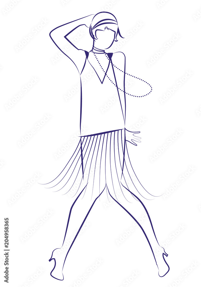 Flapper girl wearing 1920s clothes and long necklaces dancing charleston. Ink line drawing on white background. Flapper girl wearing 1920s clothes and long necklaces dancing charleston. Ink line drawing on white background.
