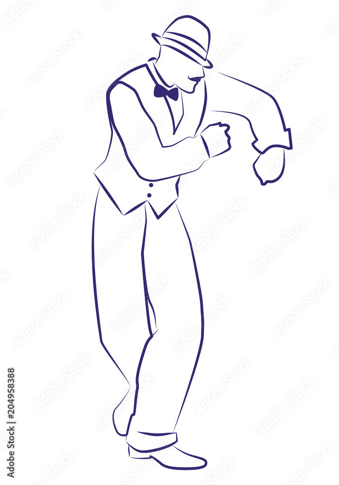 Man with hat dancing charleston. Ink line drawing on white background.