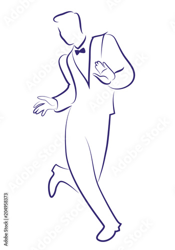 Man wearing retro clothes dancing charleston. Ink line drawing on white background.