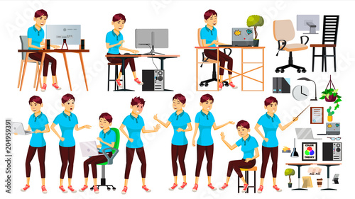 Office Worker Vector. Japanese Woman. Smiling Servant, Officer. Business Human. Lady Face Emotions, Various Gestures. Animation Creation Set. Isolated Flat Cartoon Character Illustration
