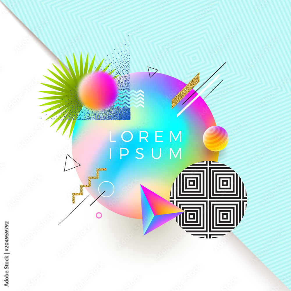 Vector astract design with multicolored gradient banner for text or message and different geometric, linear and stipple shapes. Abstract multicolored composition.