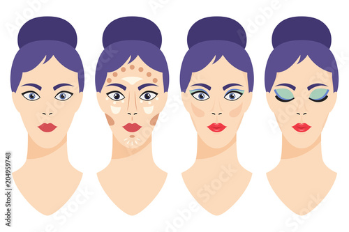 Step by step glamor makeup applying. Girl face before and after applying makeup for skin, eyes and lips. Vector cartoon flat illustration of a woman head isolated on white background.