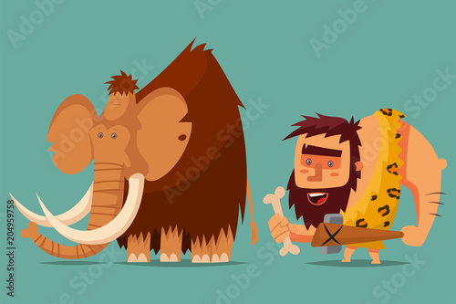 Mammoth and caveman with a stone age weapon in his hand. Vector cartoon illustration of a primitive Neanderthal man hunting for a prehistoric animal.